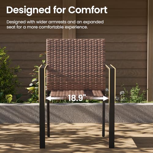 Image of Amopatio Stackable Wicker Chairs, Patio Dining Chairs Set of 6, All-Weather Breathable Outdoor Dining Chair, Steel Frame, Armchair w /Armrests, for Garden, Porch, Deck, Poolside, Fire Pit, Brown