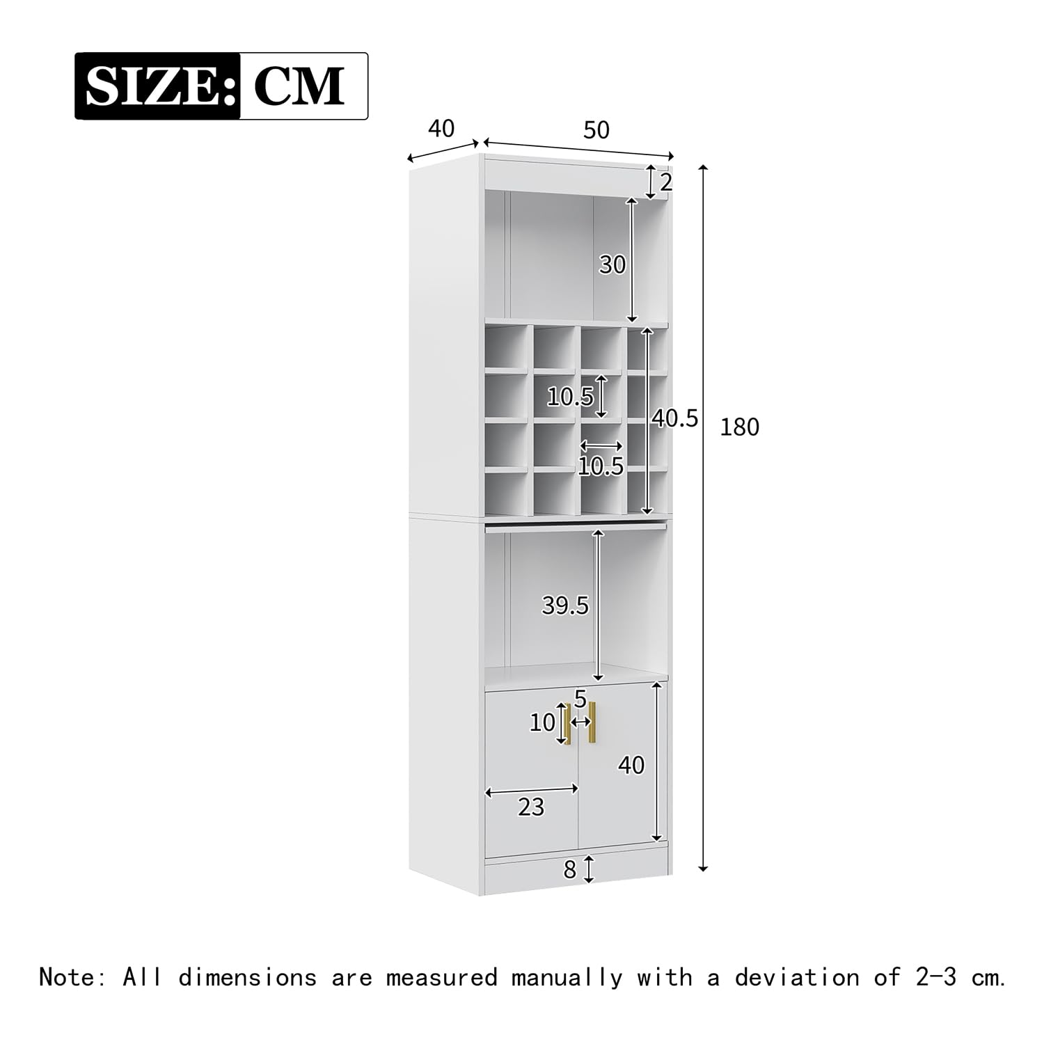 Armario de cocina 180 x 50 x 40 cm, armario de vitrina con 2 puertas, armario alto con 16 compartimentos para vino, estantería para salón, comedor (blanco)