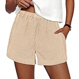 PRETTYGARDEN Women's Striped Boxer Shorts Summer 2026 Trendy Casual Elastic Waist Lounge Sleep Pajama Bottoms Beach Shorts (Striped Khaki White,Small)
