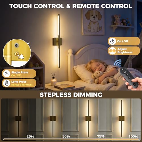 Image of DORESshop Battery Operated Wall Sconces Set of 2, Dimmable Battery Wall Sconce with Remote Control, Black 350Rotate Rechargeable Sconces, 29 Inch Wireless Wall Lights for Bedroom, Living Room