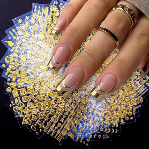 Nudurom 90 Sheets Gold Nail Art Stickers Decals,3D Self-Adhesive Variety Nail Design Stickers Waterdrop Flower Line Star Nail Decals Nail Decoration Holographic Gold Nail Supplies for Women Girls… Cover