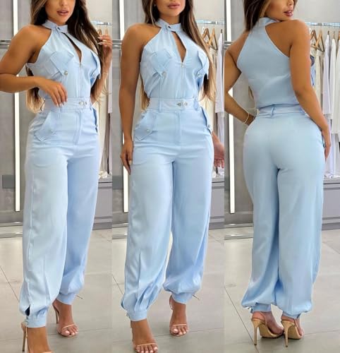 Women's 2 Pieces Outfits Sleeveless High Neck Cargo Pockets Design Top and Casual Cuffed Long Pants Set2