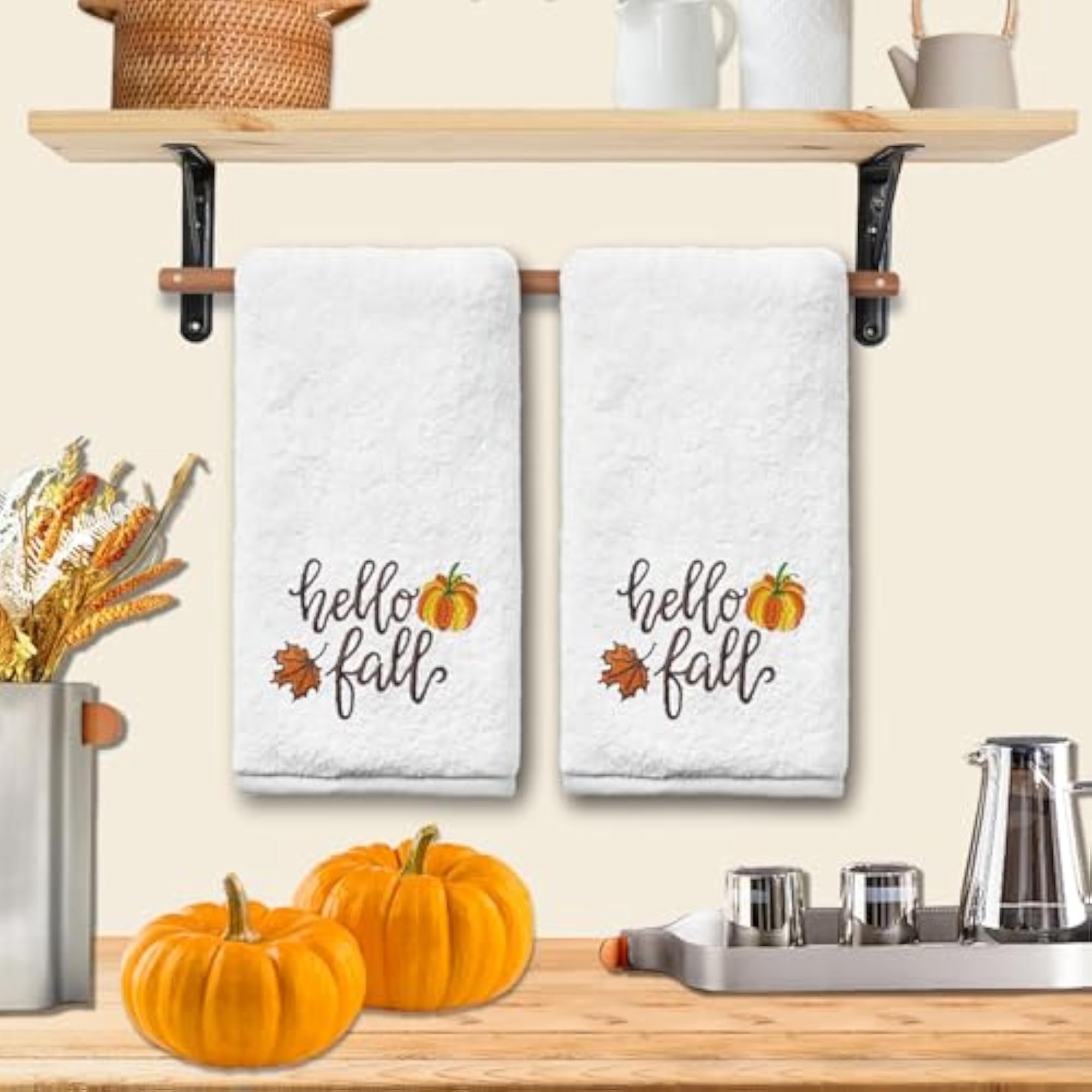 Fall Hand Towels Set of 2, Embroidered Pumpkin Pattern