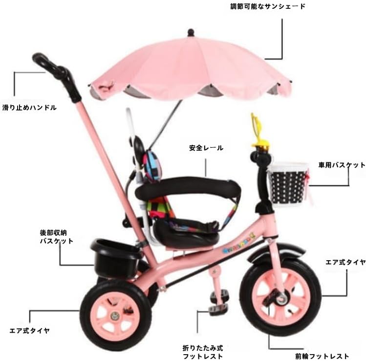JVOK 子供三輪車 ベビーカー 5in1 折りたたみ 手押し棒 乗用玩具乗り物 組み立て簡単コンパクト収納 1歳～6歳 プレゼント