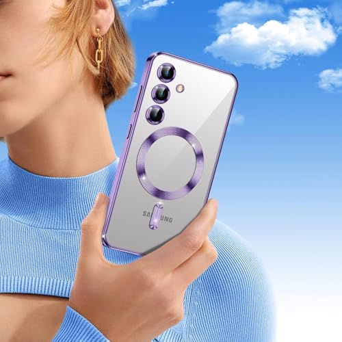 Image of VONZEE Clear Logo Electroplating Transparent Case for Samsung S25 FE 5G, Magnetic Plating [Support for MagSafe Charger] Electroplate TPU Cover, Individual Camera Protection for Each Lens - Deep Purple
