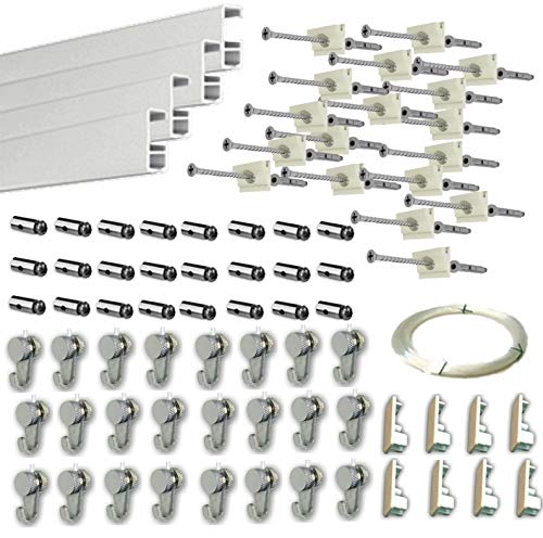 MARCS ARIAS SL Pack Basic RM de 12 Metros Guías de Aluminio (Blanco Mate) con 24 colgadores Nylon para Colgar Cuadros (Blanco Mate)
