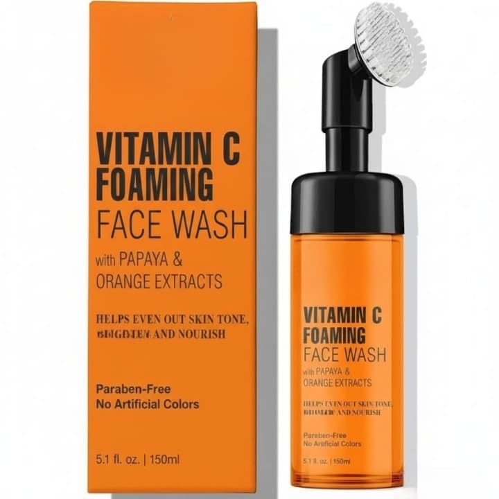 Vitamin C Foaming Face Wash with Papaya & Orange Extracts | Built-In Silicone Brush for Deep Cleansing & Glowing Skin | Paraben & Sulphate Free | For Women & Men | 150ml