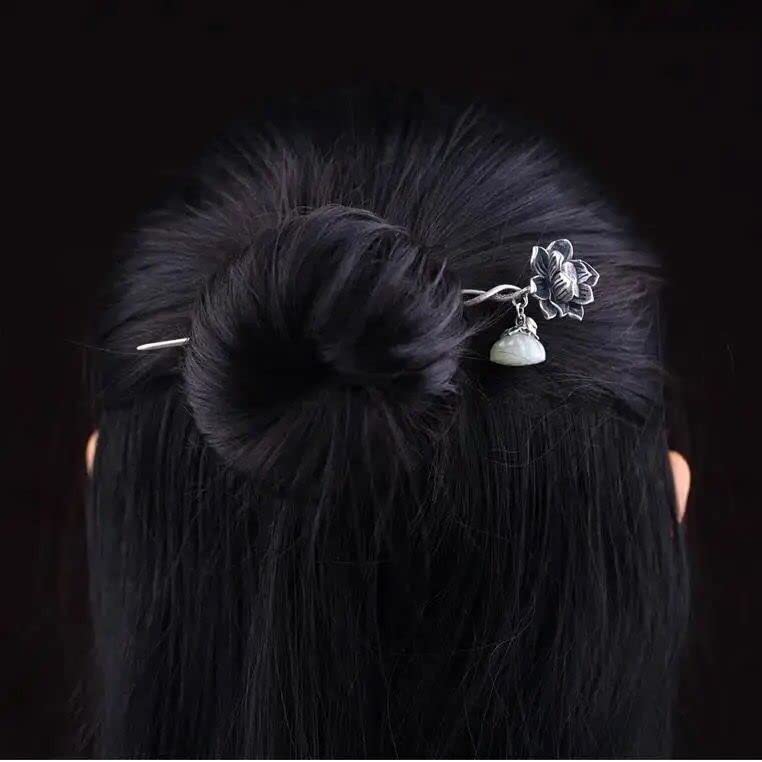Miniatura 7 de Rabithenn S925 - Horquilla de flor de loto de plata estilo Hanfu chino, pinzas para el cabello retro hechas a mano, accesorios para el cabello para