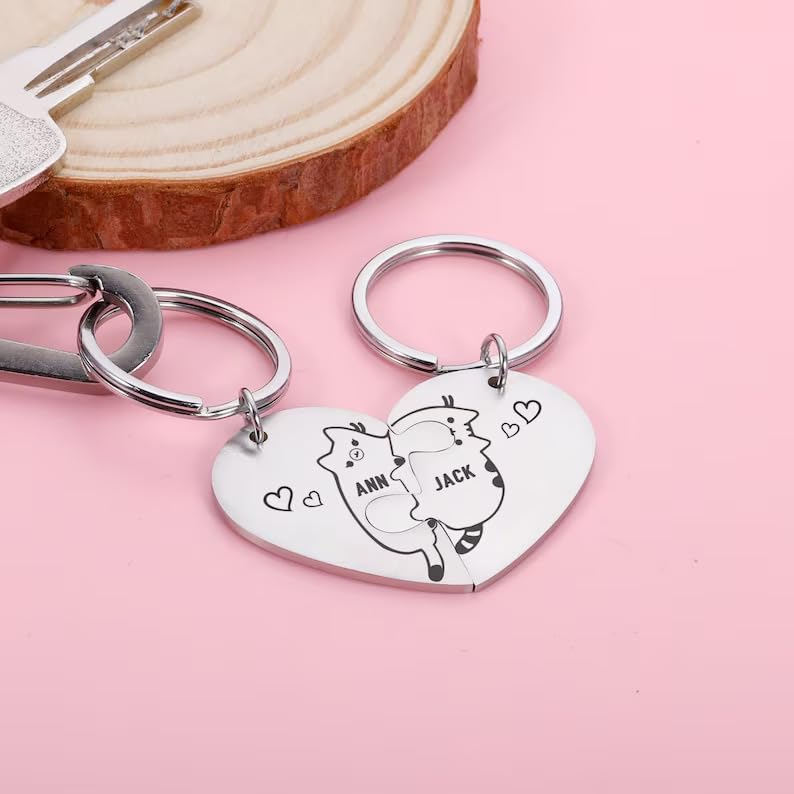 Image of Luigi Customise Valentine Keychain, Cute Cat Hug, Engrave Name Couple Keyring, Personalized Gift for Boyfriend /Matching Keychain