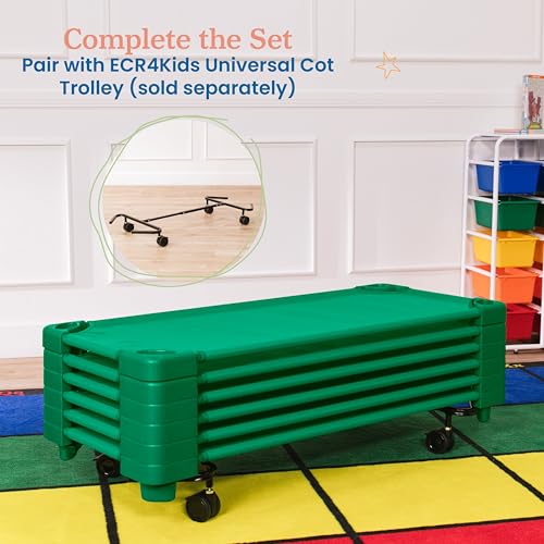 Image of ECR4Kids Stackable Kiddie Cot, Ready-to-Assemble, Standard Size, Classroom Furniture, Green, 6-Pack