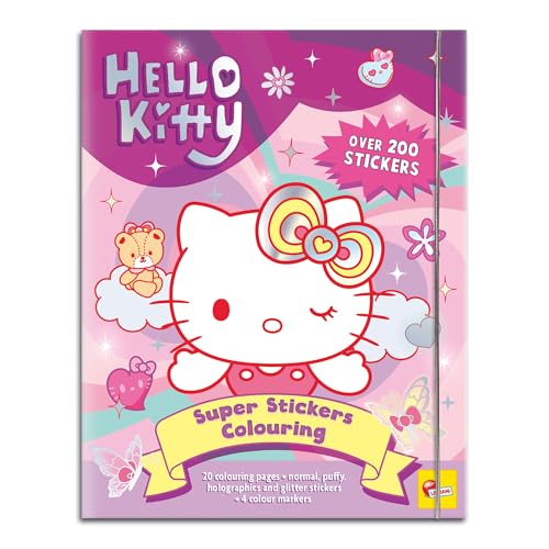 Lisciani - HELLO KITTY AND FRIENDS - Adesivo e libro da colorare per bambini dai 5 anni in su - Set creativo con 20 pagine, 200 adesivi gonfi olografici e glitterati - Kit da colorare con 4 pennarelli