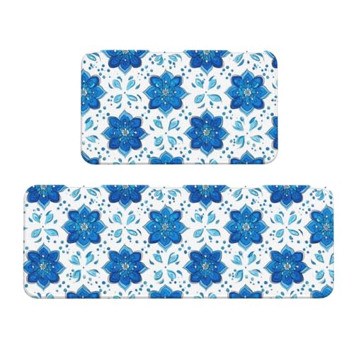 GVYGVY Antifatigue Kitchen Mats for Floor 2 Piece - Sky Blue Pattern Print Kitchen Rugs Washable, Non Slip Runner Rug Standing Mat for Office/Bathroom/Laundry/Home Decor and Accessories