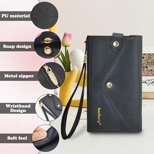 FuninCrea Long Wallet for Woman with Wrist Strap for Cell Phone, Envelope-Shaped Womens Wristlet Wallets Faux Leather Womens Wallet with Card Slots and Zipper Pocket (Pink)3