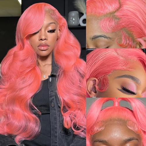 Image of Pink Wig 13x4 Lace Front Wigs Human Hair Body Wave HD Transparent Lace Front Wigs Human Hair 22 Inch Pre Plucked Colored Pink Glueless Lace Frontal Wigs for Women