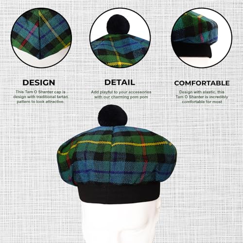 Image of Scottish Tam O' Shanter Hat Tartan Bonnet Pom Pom Wool Flat Cap One Size