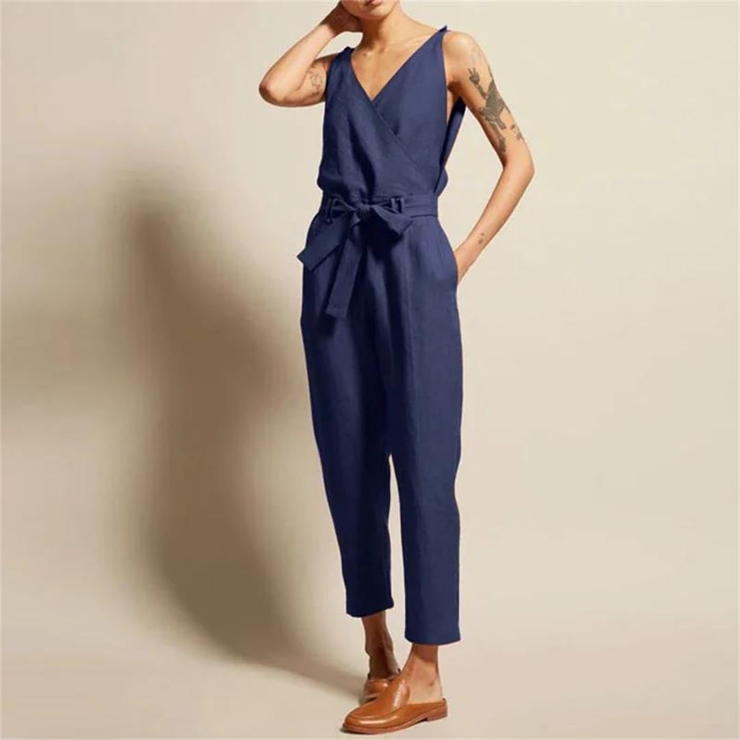 Yeuyyben Tuta da donna in cotone e lino senza maniche con scollo a V a gamba larga con coulisse in vita casual vestibilità ampia taglie pagliaccetto estivo