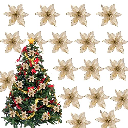 32 Stück künstliche Weihnachtsblumen Glitzer Gold Blumen Weihnachten Gold Kunstblumen Ornamente künstliche Blumen Weihnachtsbaumdeko Weihnachtskränze Dekoration für Weihnachtsbaume Adventskränze Cover
