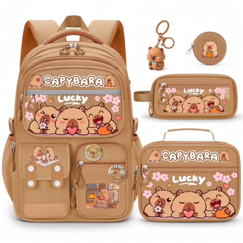 SZWNHS Capybara Backpack for Girls 4 PCS Capybara Backpack with Lunch Box Set Cute Kawaii Large Laptop Bookbag School Bag for Elementary Kids & Teens