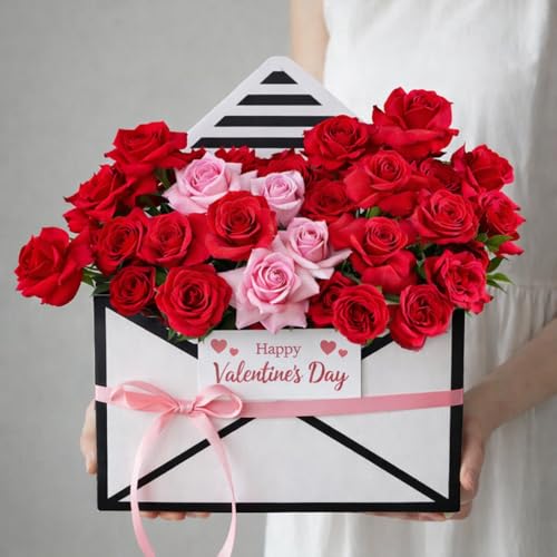 Image of Oasis Pack of 10 Folding Envelope Boxes - Eco-Friendly Flower Gift Bags for Bouquets, Florist Supply, Floral Arrangements Gift Hampers - Paper Bouquet Boxes for Rakhi, Birthday, Diwali, Wedding, Party & More - Black White