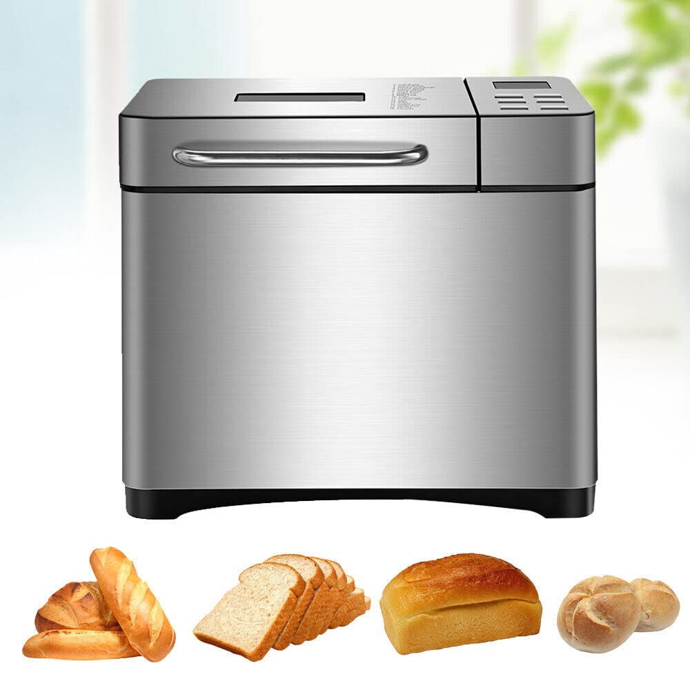 Machine à pain, en acier inoxydable, 650 W, entièrement automatique, 19 programmes, bac à ingrédients automatique, pour 500 g, 750 g et 1 000 g, argent