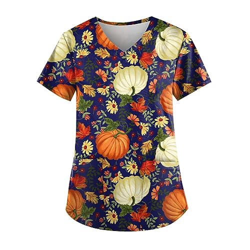 OIOLOYJM Halloween Christmas Scrub Tops Women Printed V Neck Short Sleeve Plus Size Scrubs for Womens Shirts with Pockets