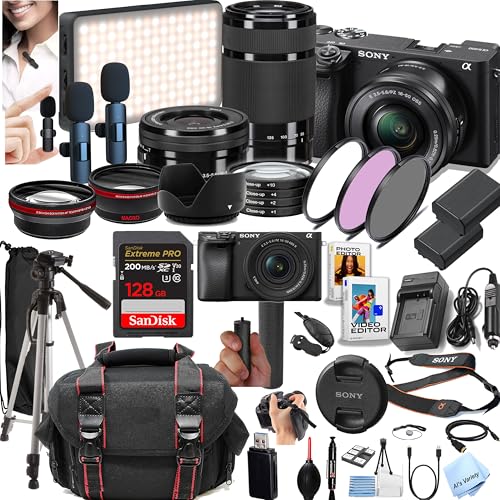 Image of Sony a6400 Mirrorless Camera with 16-50mm + 55-210mm Lenses + 128GB Extreme Memory, Wireless Lavalier Microphones, LED Light, AUX Lenses, Filters, Case, Tripod, and More (42pc Bundle) (Renewed)