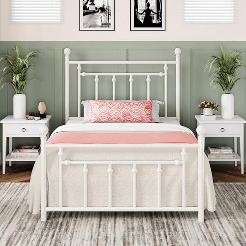 Image of Allewie 14'' Twin Size Metal Platform Bed Frame, Vintage Headboard, White