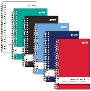 Better-Office-Products-3-Subject-Spiral-Notebooks-95-x-55-inch-6-Pack-150-Sheet-Notebook-with-2-Double-Sided-Pocket-Dividers-Assorted-Solid-Color-Covers-College-Ruled