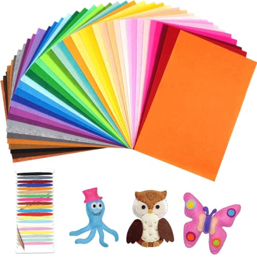 Maxmoc 40 Farben Bastelfilz, 20 x 30 cm Filzstoff, Polyester Felt Fabric Filzplatten mit Bunter Stickgarn, Farbig Filz Blätter zum DIY Handwerk Nähen Projekte Manual Decoration
