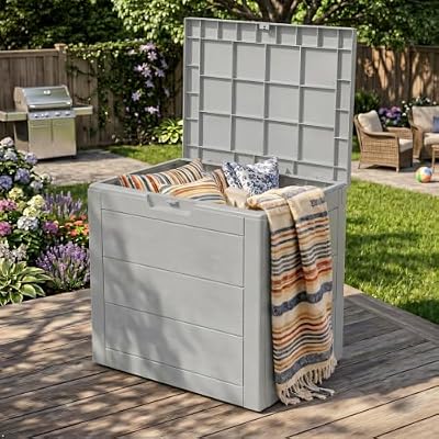 Nnovaroom 35 Gallon Outdoor Deck Box with Lid, Waterproof Lockable Resin Storage Container for Patio Cushions, Pool Toys, Garden Tools, and Porch Packages Delivery, Grey
