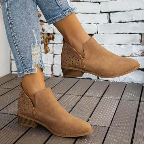 Cowboy Boots for Women Ankle Booties for Women Casual Short Chunky Heel Slip On Hollow Out Low Heel Side V-Cut Western Booties Shoes3