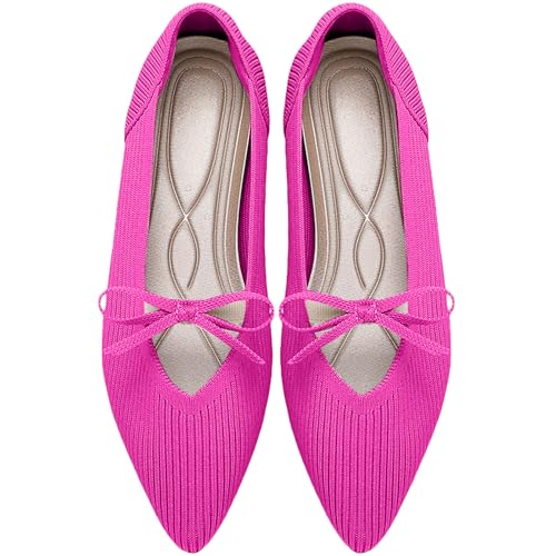 Image of TINGRISE Women's Pointed Toe Flats Comfortable Knit Ballet Shoes Washable Dressy with Bow Business Casual Work Shoes