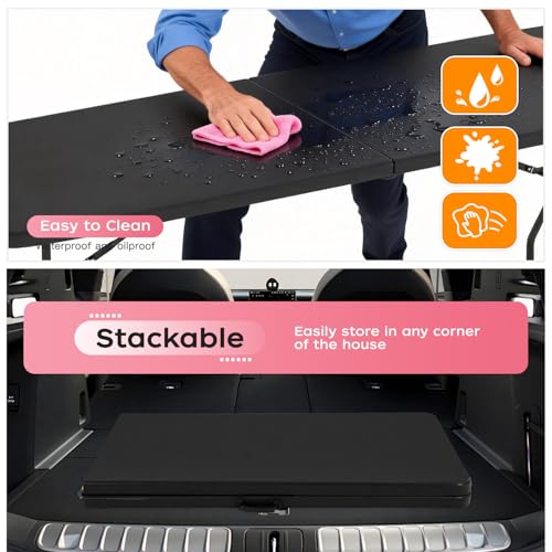 Image of FDW 8FT Folding Table, Portable Fold-in-Half Plastic Picnic Party Table with Carrying Handle (Black, 8FT)
