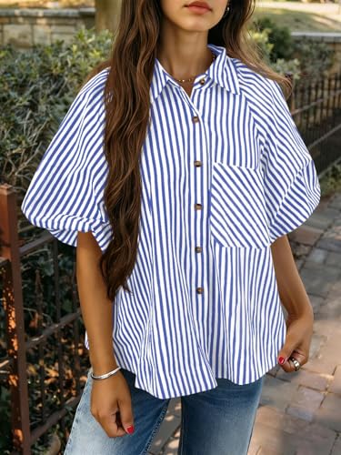 Image of Tankaneo Womens Short Puff Sleeve Button Down Shirts Striped Trendy Casual Loose Fit Blouse V Neck Collared Tops