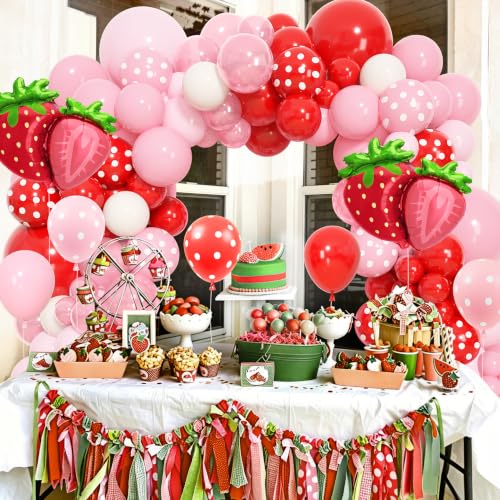 Image of Ouddy Life 171pcs Strawberry Balloons Garland Arch Kit Berry Party Supplies | Red Pink Polka Dot White Strawberry Foil Balloon for Sweet One Girl Baby Shower Berry First Fruit Themed Birthday Supplies