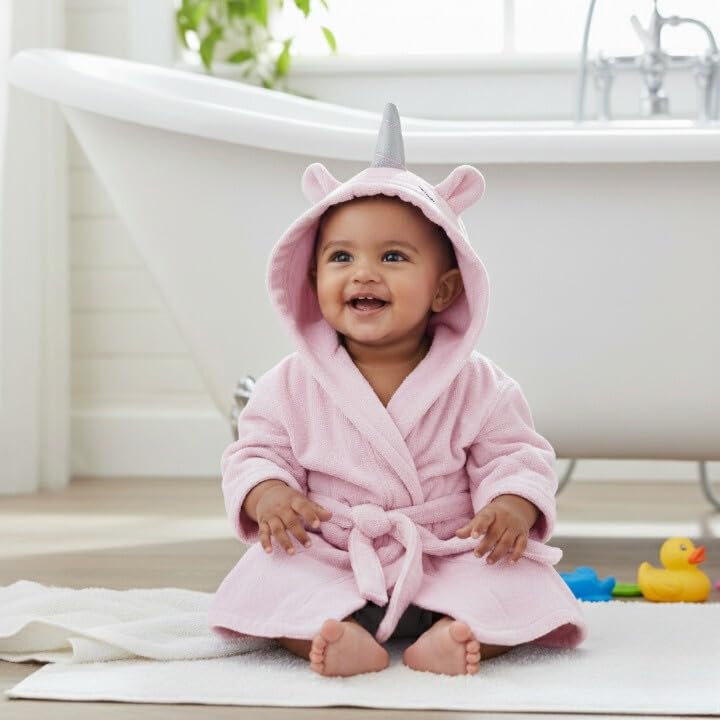 Image of Masilo 100% Cotton Hooded Towel /Ideal for Babies 0-18months / Luxurious and Super Absorbent Baby Towel /Infant to Toddler Wrap Towel with Hood /Soft, Lightweight and Breathable /Unicorn /Pink
