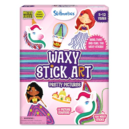 Image of Skillmatics Waxy Stick Art Kit - 100 Bendable & Reusable Waxy Sticks for Mess-Free DIY Fun, Pretty Pictures with Unicorns & Princesses, Creative Gifts for Girls & Boys Ages 5, 6, 7, 8, 9, 10, 11, 12