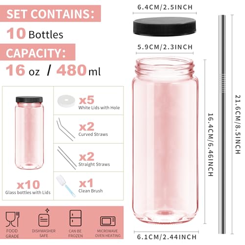 Image of Ruckae Pink 16oz 10 Pack Juice Bottles, Glass Bottles Juicing with Lids, Smoothie Cup Lids and Straws, Water Bottle Mason Jar Drinking Glasses for Juicing, Smoothies, Kombucha