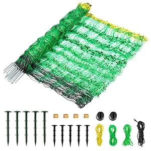 Electric Fence Netting, 49.6″ H x 164′ L, PE Net Fencing Kit with 14 Posts Double Spiked, Utility Portable Mesh for Sheep Goats Deer Hogs Dogs Lambs Used in Backyards Farms and Ranches, Green