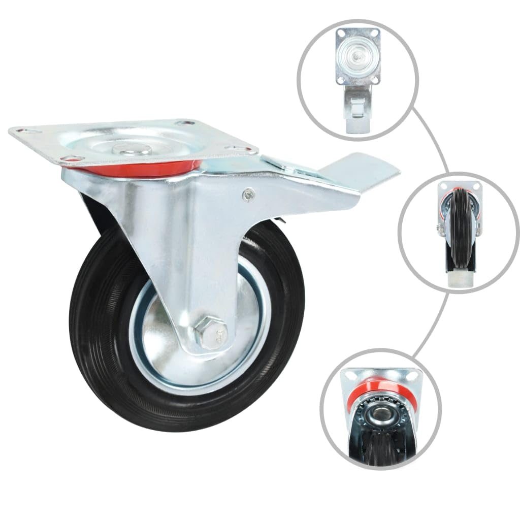8 Stk. Lenkrollen 160 mm, 4 mit Bremse, geräuschlose Möbelrollen aus Gummi, stoß- und vibrationsbeständig, kratzschonend, zinkbeschichteter Eisenrahmen rostfrei, je 150 kg
