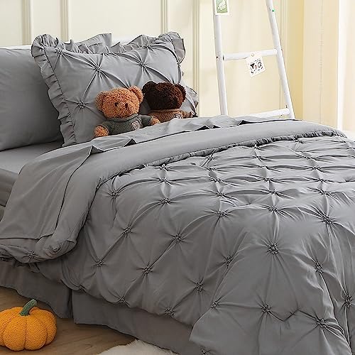 JOLLYVOGUE Gray Bed in a Bag Comforter Set for Bedroom, Pintuck Twin Size Comforter Sets 5 Pieces, Beddding Sets with Comforter, Sheets,Ruffled Shams & Pillowcases
