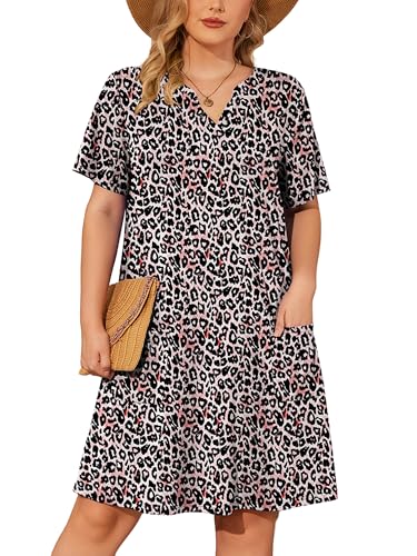 Image of AusLook Plus Size Midi Dress for Women V Neck Short Sleeve Summer Casual Loose Fit Vacation Sundress with Pockets 1X-5X
