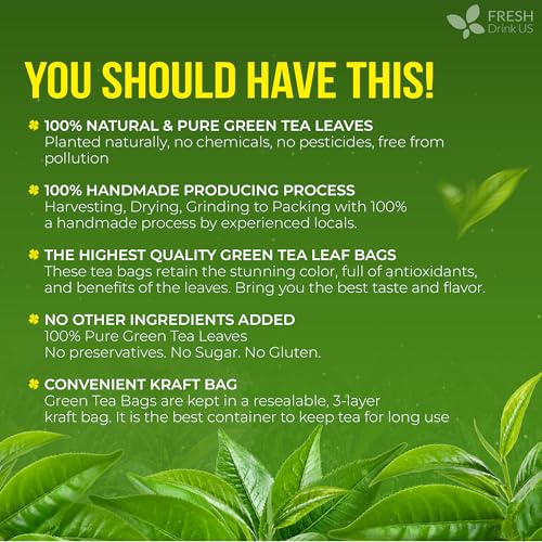 Image of FreshDrinkUS, Premium 175 Green Tea Bags, 100% Natural & Pure from Green Tea Leaves. Loose Leaf Green Tea Herbal Tea. Made with Natural Material Tea Bags. No Sugar, No Gluten, Vegan.