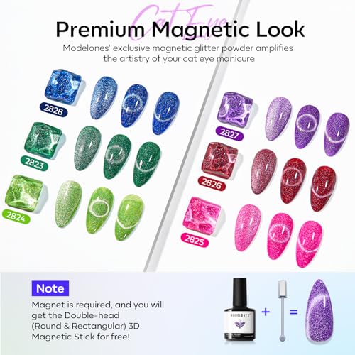 Image of modelones Cat Eye Gel Nail Polish, 6 Colors Glitter Summer Red Pink Purple Green Blue Gel Polish Set with Magnet Sparkle Nail Gel Polish Kit Soak Off Led Nail Art Manicure Salon DIY Gifts