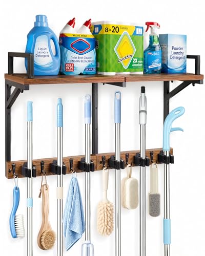 Lorbro Broom Holder Wall Mount with Cleaning Supplies Storage, Heavy Duty | 3 in 1 Broom and Mop Organizer Wall Hanging, Wooden Mop Organizer Hanger, Storage Shelves for Laundry Room, Garage