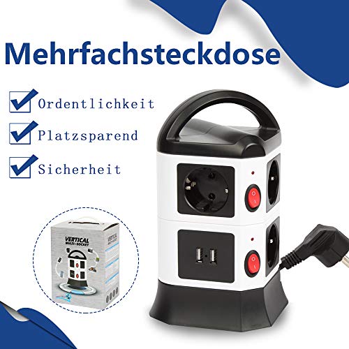 FullBerg 7 Fach Steckdosenleiste 2 USB Mehrfachsteckdose (Steckerleiste mit Kindersicherung, Schalter und 2 m Kabel) Überspannungsschutz Steckdosenverteiler Steckdosenturm für Zuhause Büro