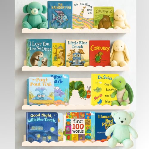 Image of Green Goods Supply Scalloped Shelves - Set of 4 Pre-Assembled 24inch White Floating Nursery Book Shelves, Scalloped Book Shelf for Kids Rooms - Kids Wall Bookshelf, Nursery Decor, Floating Shelves