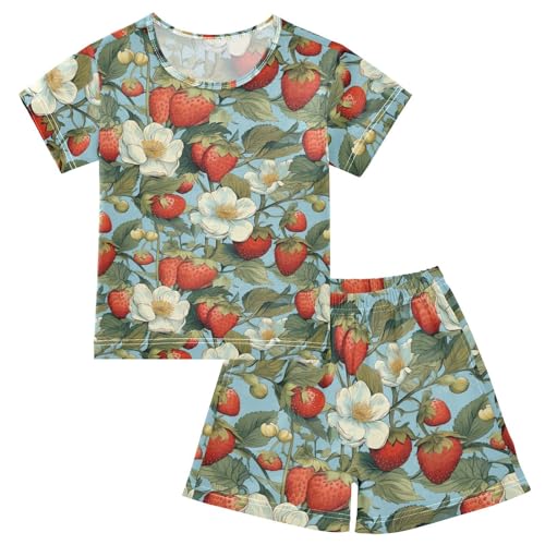 ALAZA Strawberry and White Flower Pajama Set Short Sleeve Sleepwear Soft Lounge Nightwear