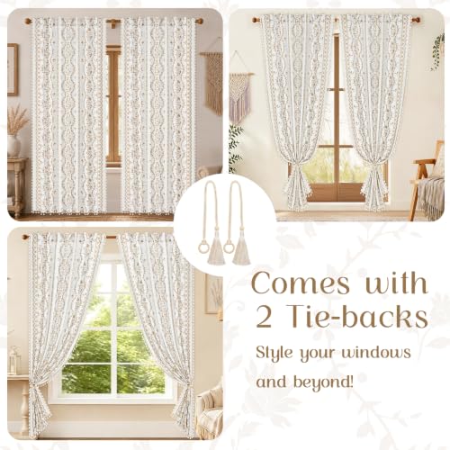 Image of Yinhua Boho Curtains for Living Room 63 Inch Length Vintage Linen Curtains for Bedroom Light Filtering Window Curtain Rod Pocket & Back Tabs Rustic Tassel Drapes with Tiebacks, White Beige