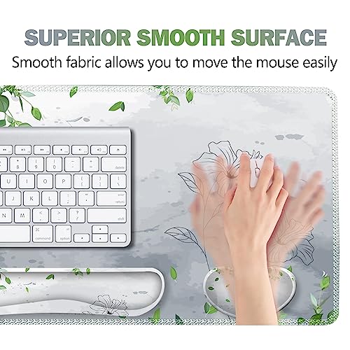 Image of ARTSO Gaming Mouse Pad Wrist Support Set, XXL Large Desk Mat Mousepad + Keyboard Wrist Support+ Mouse Wrist Rest+Coaster 4in1 Ergonomic, Memory Foam -Green Leaves and Line Flower